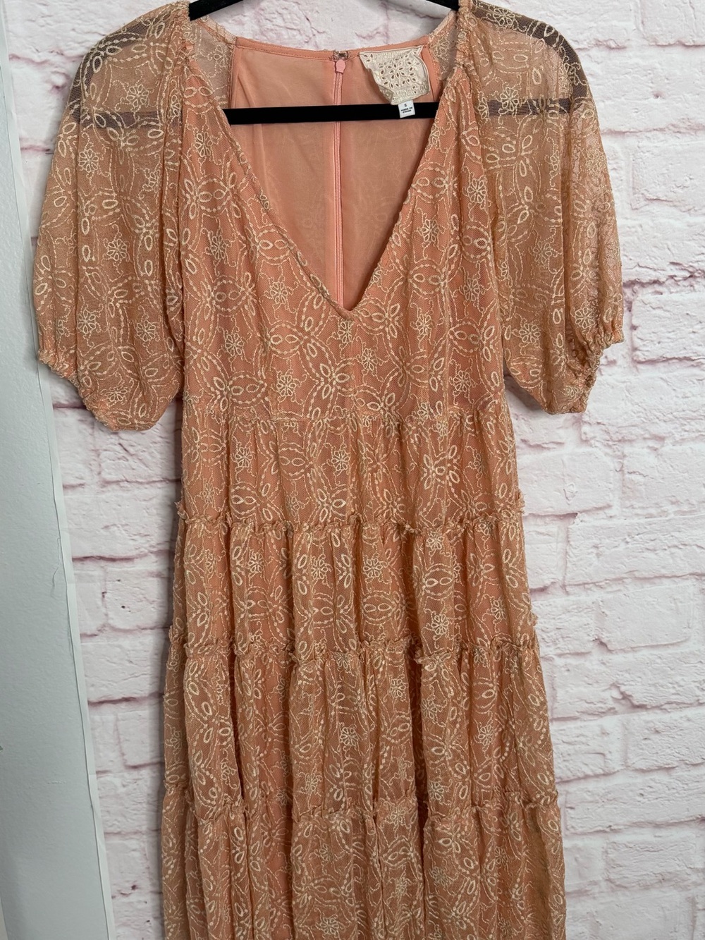 Johnny Was Peach Embroidered Lace Tiered Midi Dress